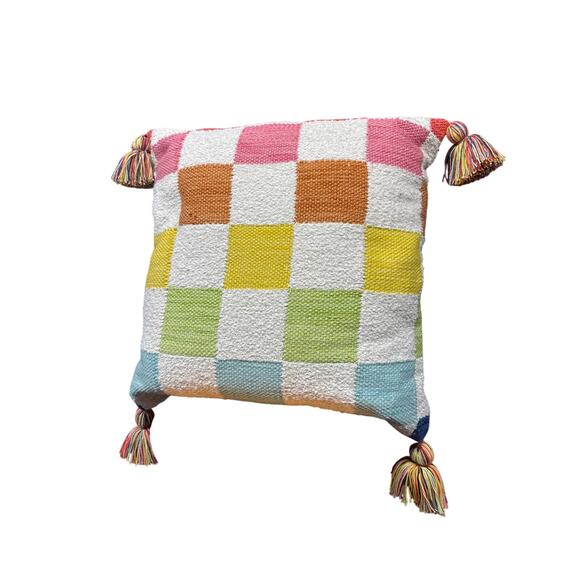 Rainbow Plush Soft Checkerboard Large Accent Pillow Tassel 19” square Home Decor - Picture 1 of 6